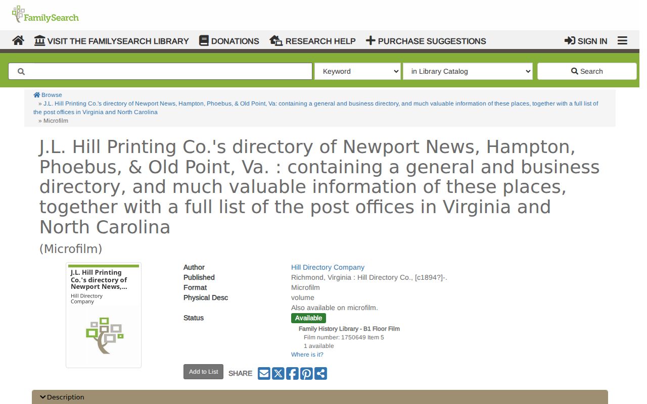 Hampton city directory FamilySearch catalog for Hill films