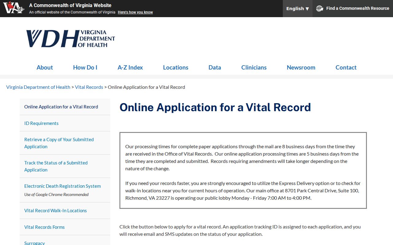 Hampton resident lookup vital record application instructions